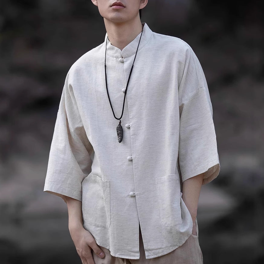 Men's Oversized Shirt in Kimono Style made of Linen-Cotton Mix with Stand-Up Collar Mune Fashion