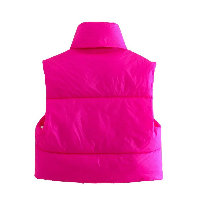 Women's short quilted vest with high stand-up collar, padded thermal filling, and adjustable drawstring hem Mune Fashion