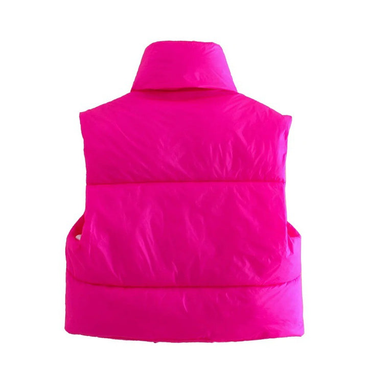Women's short quilted vest with high stand-up collar, padded thermal filling, and adjustable drawstring hem Mune Fashion