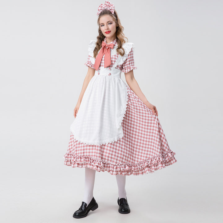 Women's vintage-inspired checked swing dress with detachable apron, ruffled sleeves, and bow collar Mune Fashion