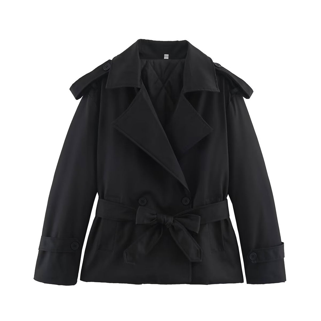 Women's Tailored Short Trench Coat with Tie Belt and Shoulder Patches Mune Fashion