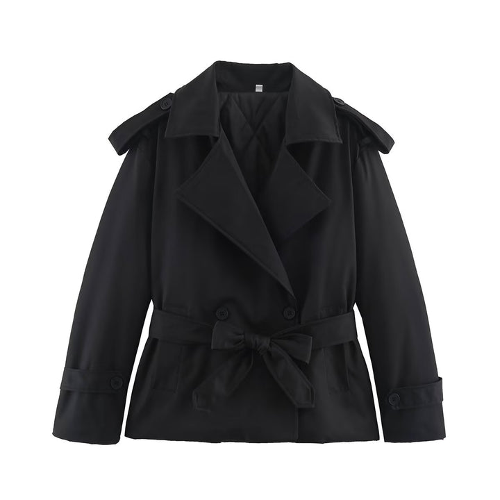 Women's Tailored Short Trench Coat with Tie Belt and Shoulder Patches Mune Fashion