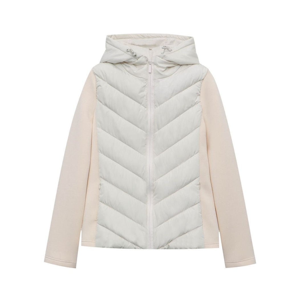 Women's quilted hybrid jacket with hood, chevron quilting and elastic softshell sleeves Mune Fashion
