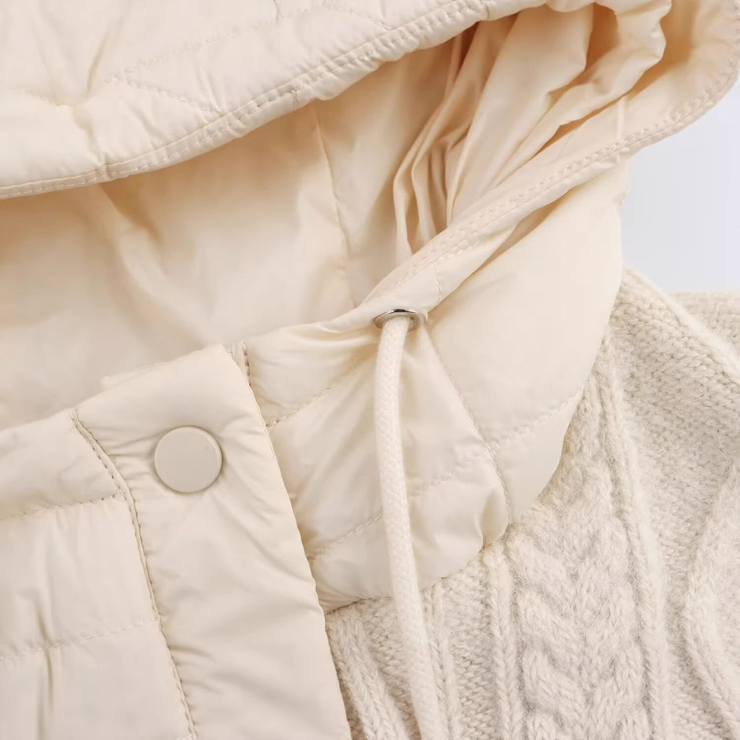 Women's sleeveless knitted vest with quilted hood and snap button placket Mune Fashion