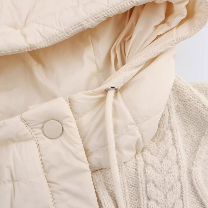 Women's sleeveless knitted vest with quilted hood and snap button placket Mune Fashion
