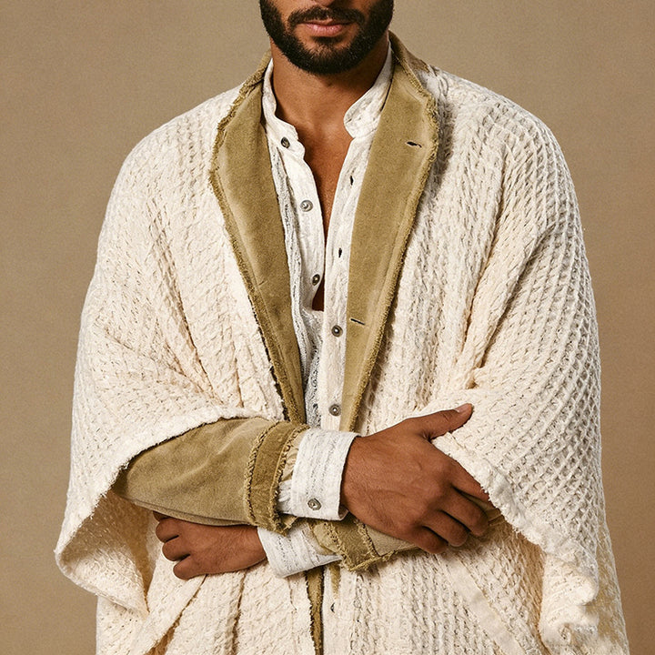 Men's loose-fitting cotton-linen poncho with fringes and open front Mune Fashion