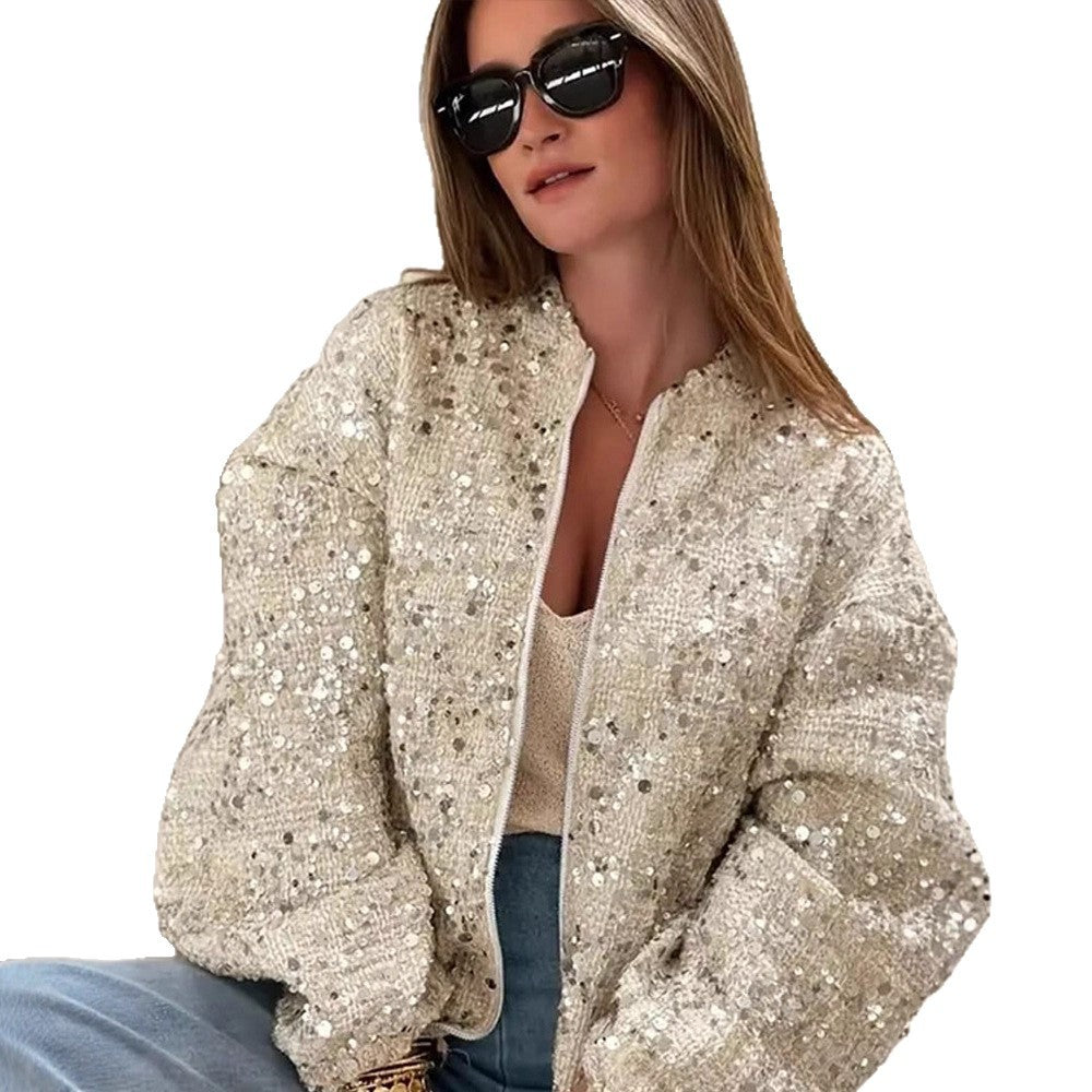 Women's sequin bomber jacket with zip, loose boxy silhouette and decorative glitter appliqués Mune Fashion