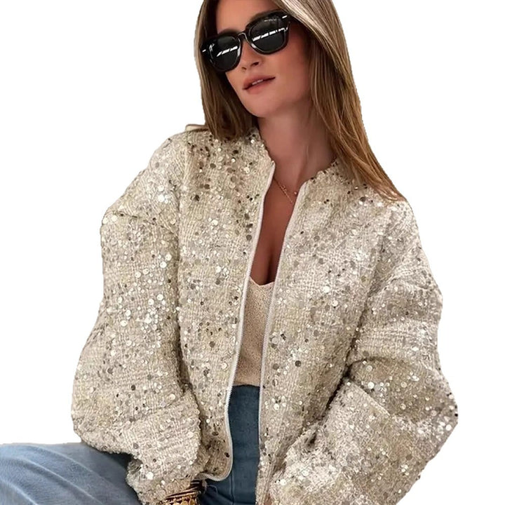 Women's sequin bomber jacket with zip, loose boxy silhouette and decorative glitter appliqués Mune Fashion