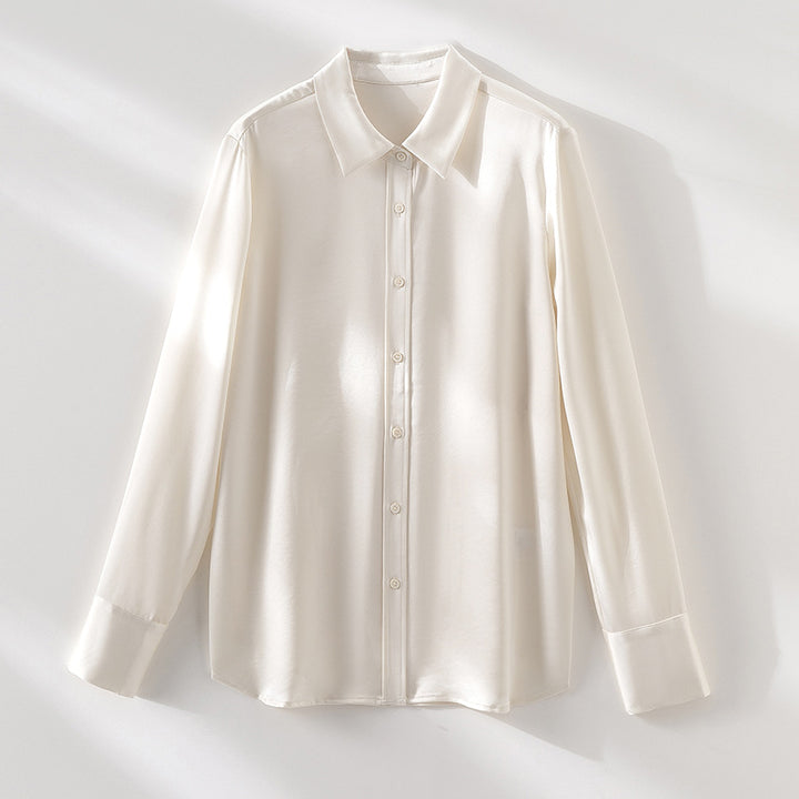 Women's Silk Look Blouse with Shirt Collar, Concealed Button Placket and Extended Cuff Detail Mune Fashion