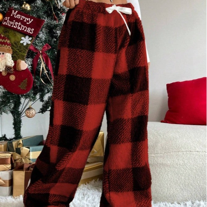 Women's cozy checked fleece pants with drawstring waistband and wide leg Mune Fashion
