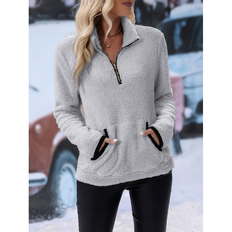 Women's fluffy fleece cuddle pullover with half zipper, kangaroo pocket and stand-up collar Mune Fashion