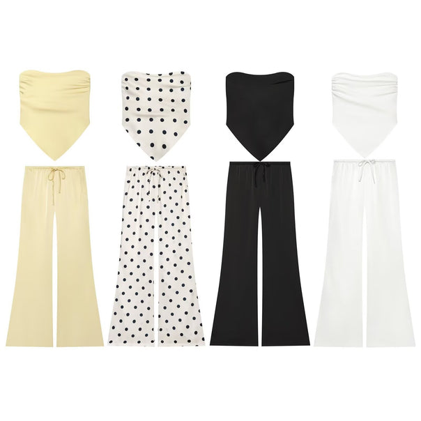 Women's Wide Satin Pants with Elastic Drawstring Waistband and Polka Dot Pattern Drune