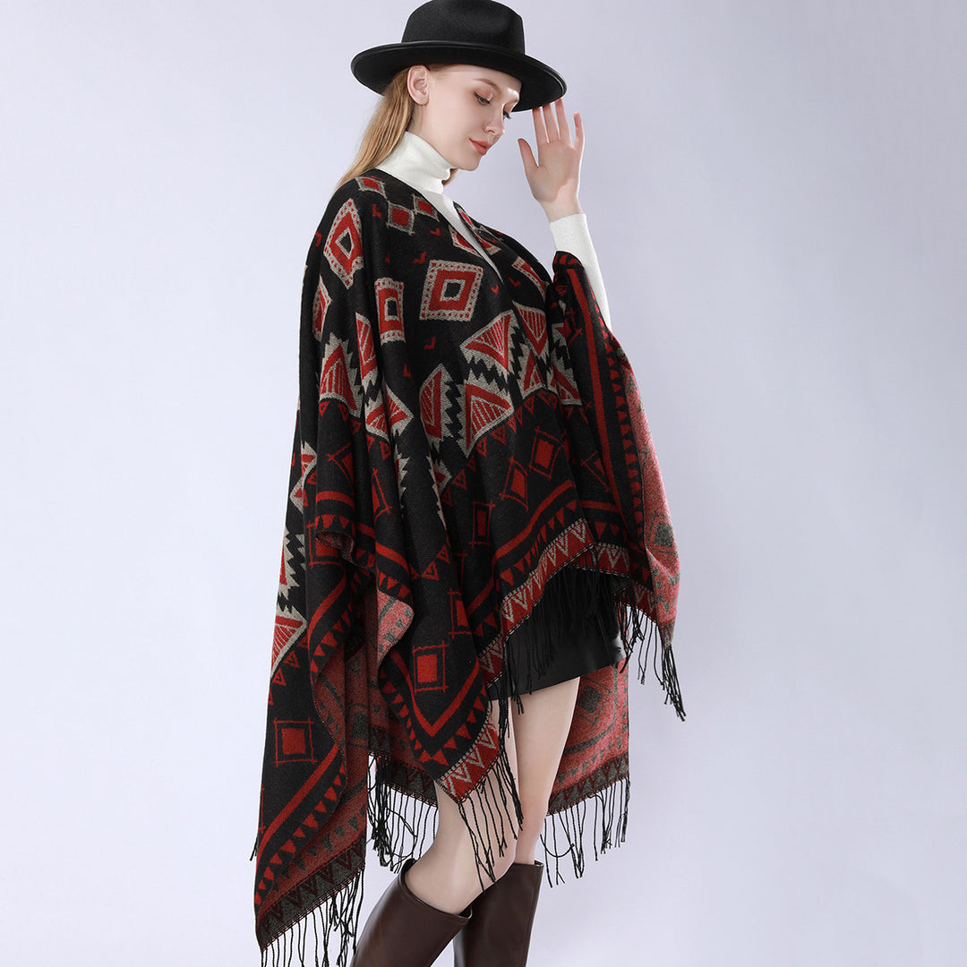 Women's Layered Hooded Overlay with Asymmetric Fringe Hem and Geometric Jacquard Mune Fashion