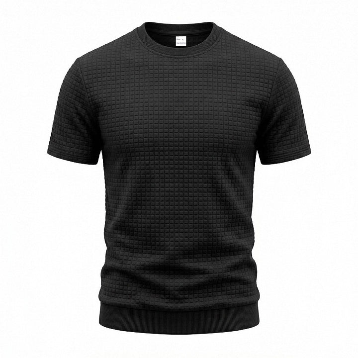 Men's short-sleeved knit shirt with embossed check structure, round neckline, and ribbed hem Mune Fashion