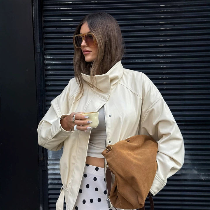 Women Oversized Faux Leather Jacket with High Stand-Up Collar and Drawstring Mune Fashion