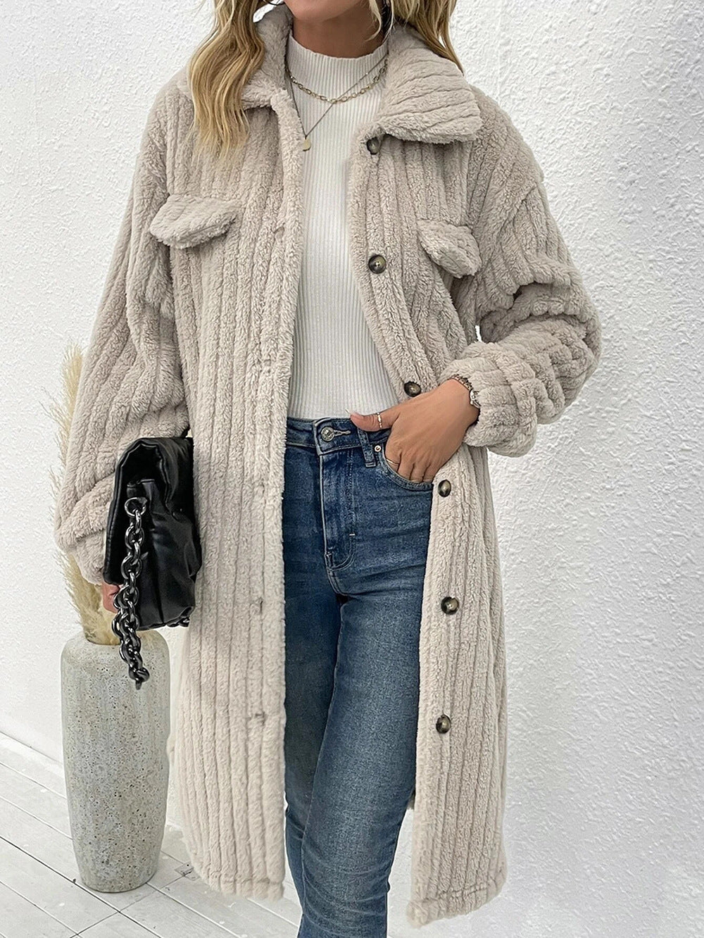 Women's longer teddy coat with shawl collar and patch breast pockets Mune Fashion