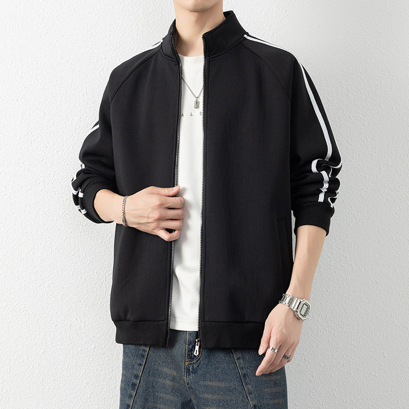 Men's leisure training jacket with stand-up collar, zipper, and contrast stripes Mune Fashion