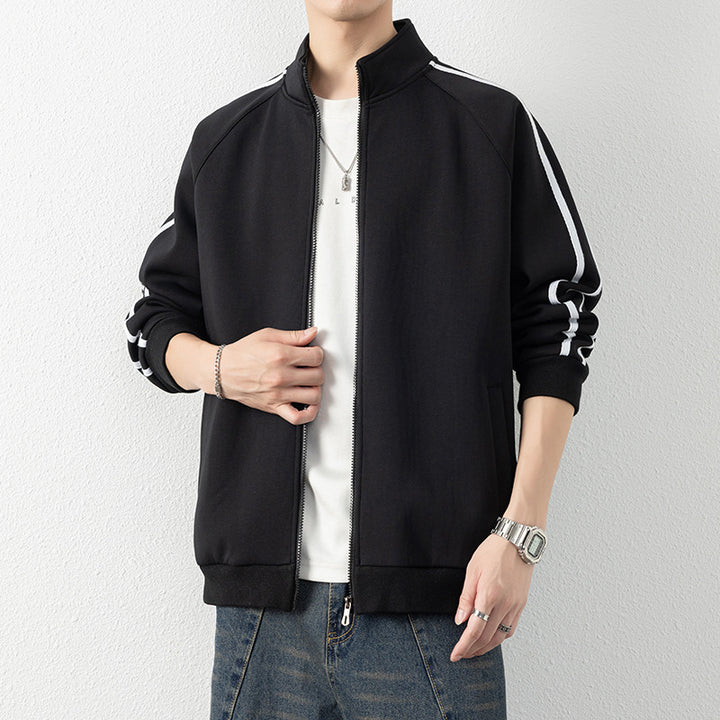 Men's leisure training jacket with stand-up collar, zipper, and contrast stripes Mune Fashion