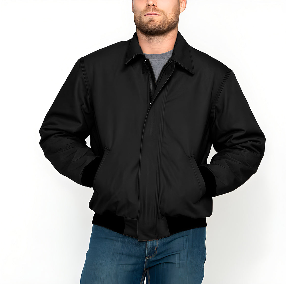 Men's short bomber jacket made of soft synthetic leather with ribbed cuffs Mune Fashion