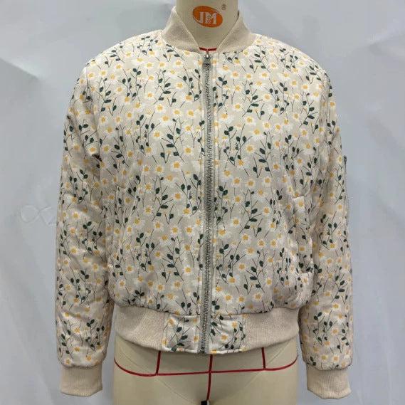 Ladies quilted floral bomber jacket with ribbed cuffs and zipper Mune Fashion