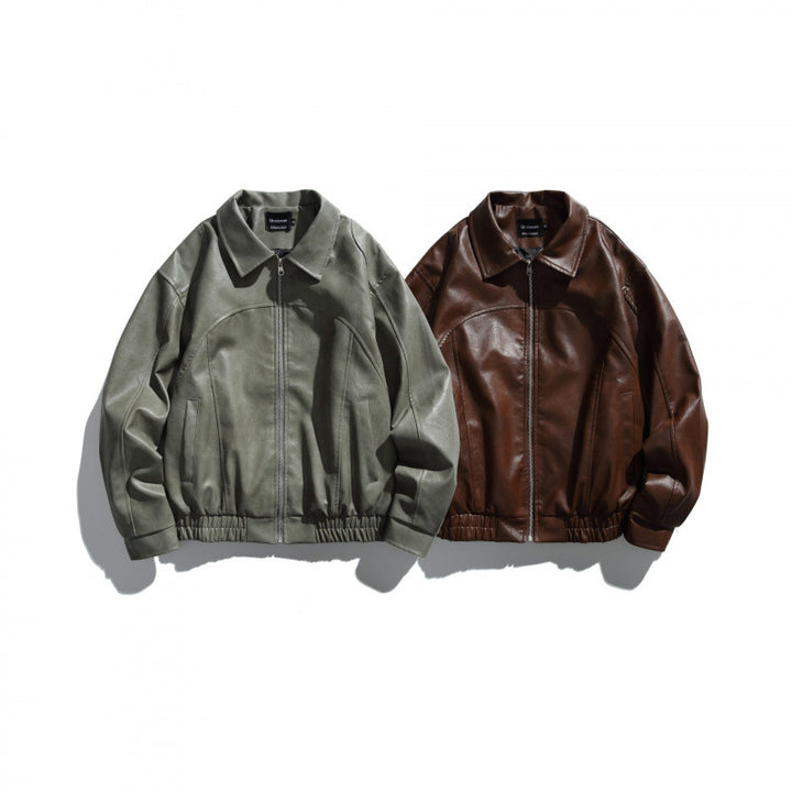 Men's short boxy leather look blouson jacket with shirt collar, front zipper and elastic hem Mune Fashion