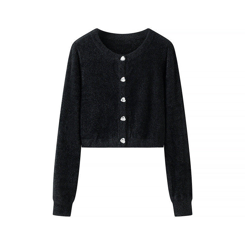 Women Fluffy Cropped Cardigan with Round Neck and Decorative Button Placket Mune Fashion