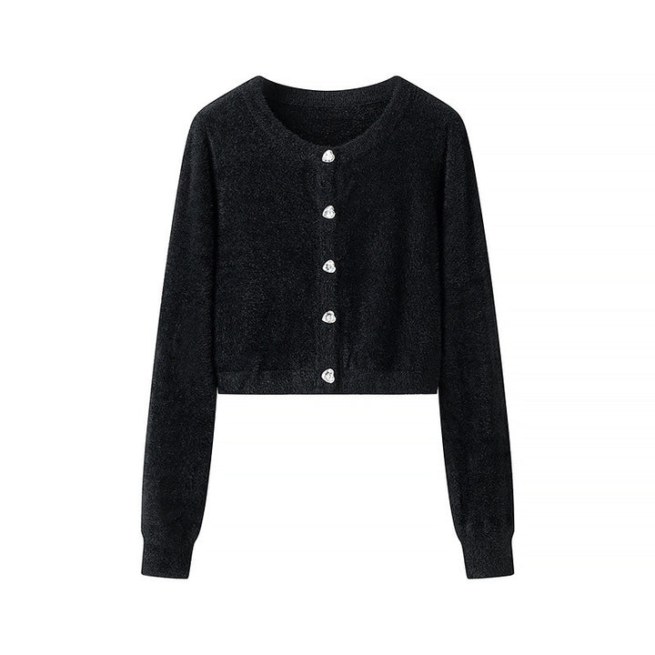 Women Fluffy Cropped Cardigan with Round Neck and Decorative Button Placket Mune Fashion
