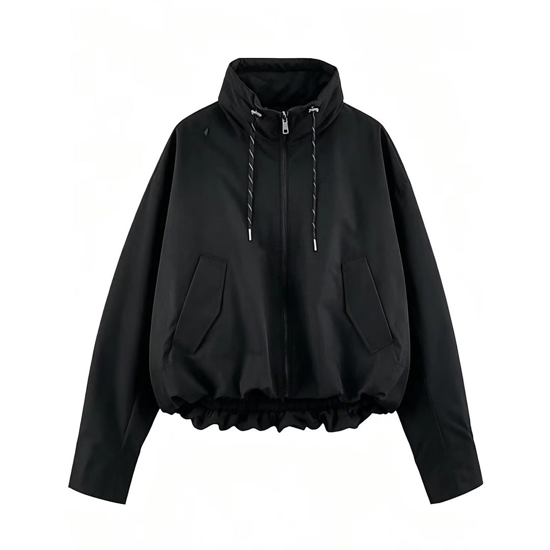 Women's Cropped Oversize Windbreaker with high funnel collar, drawstring and gathered elastic waistband Mune Fashion