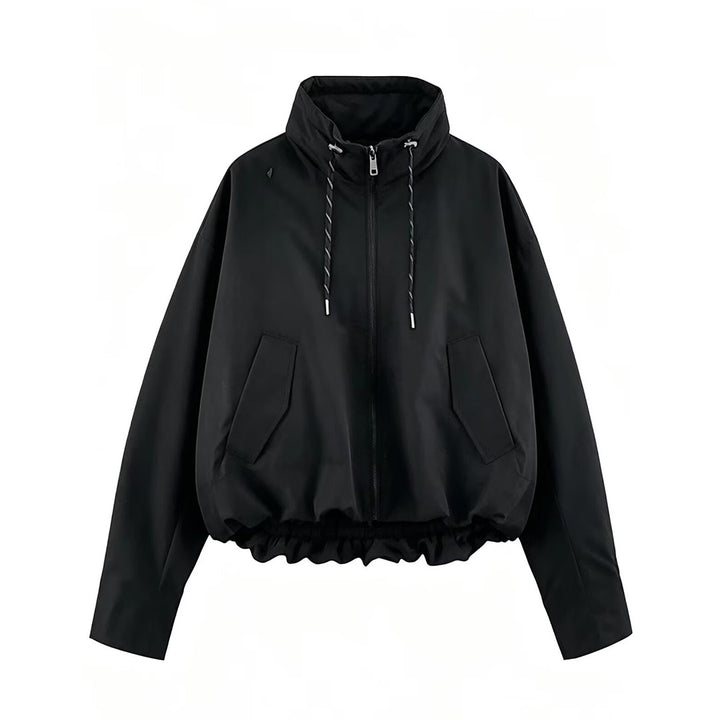 Women's Cropped Oversize Windbreaker with high funnel collar, drawstring and gathered elastic waistband Mune Fashion