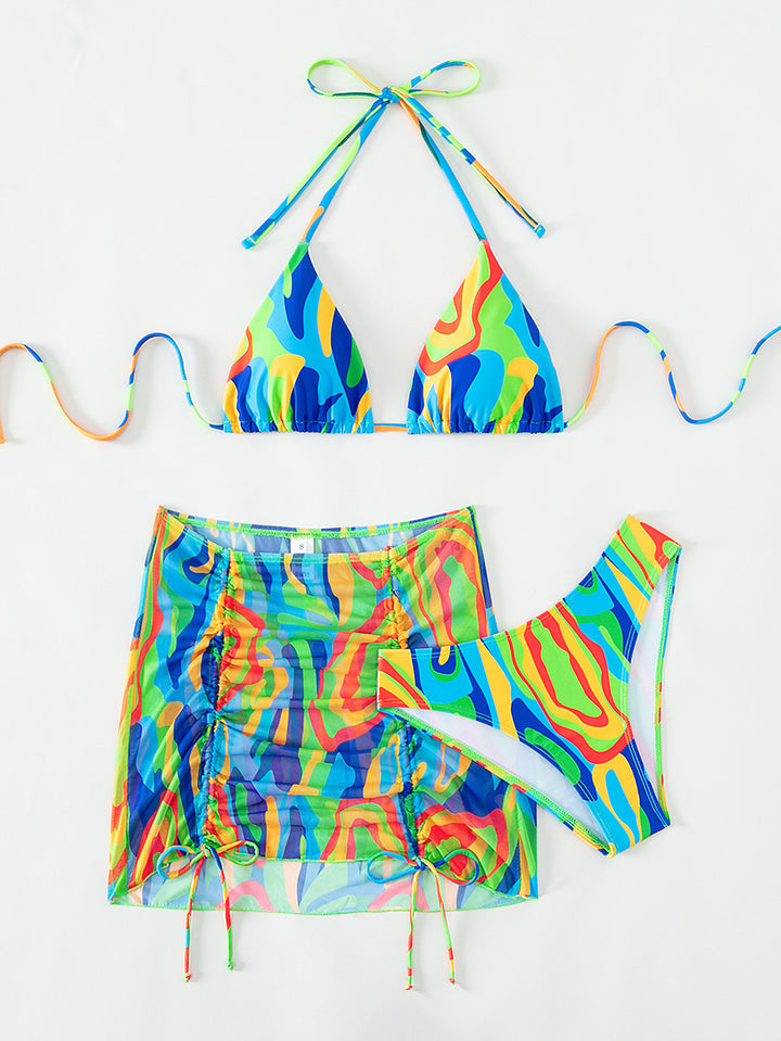 Ladies Colorful Triangle Bikini Set with Transparent Skirt Mune Fashion