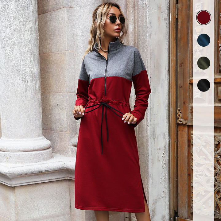 Women's Sporty Midi Dress with Stand Collar, Zipper & Drawstring Waist Mune Fashion