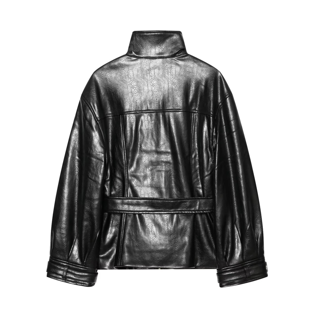 Women's Short Oversized Faux Leather Trench with High Stand Collar and Waist Belt Drune