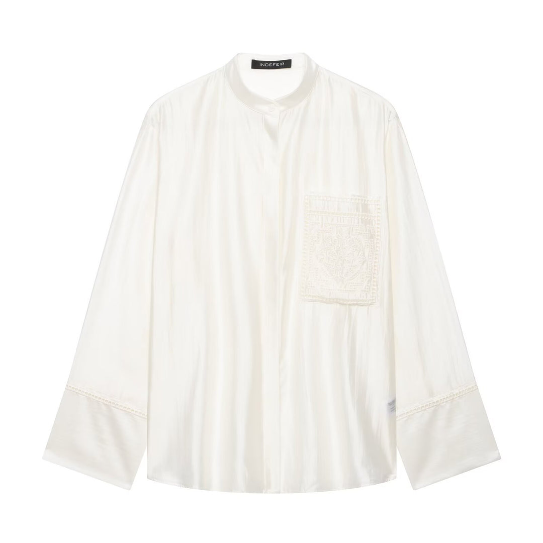Women's Oversize Silk Look Blouse with Stand Collar and Embroidered Chest Pocket Mune Fashion