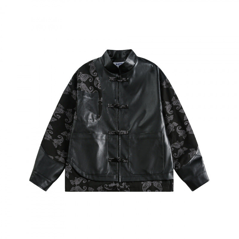 Unisex jacket in chinoiserie style with faux leather front, stand-up collar, and paisley sleeves Mune Fashion