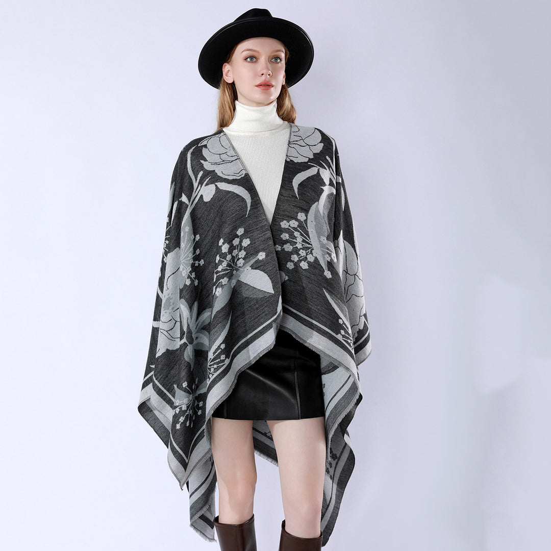 Women's floral jacquard overlay in a boxy kimono silhouette with fine fringe edge Mune Fashion