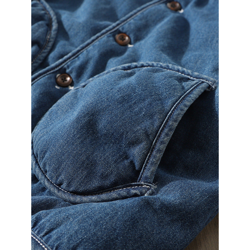 Men's Insulated Denim Utility Jacket Without Collar with Button Closure and Round Flap Pockets Mune Fashion