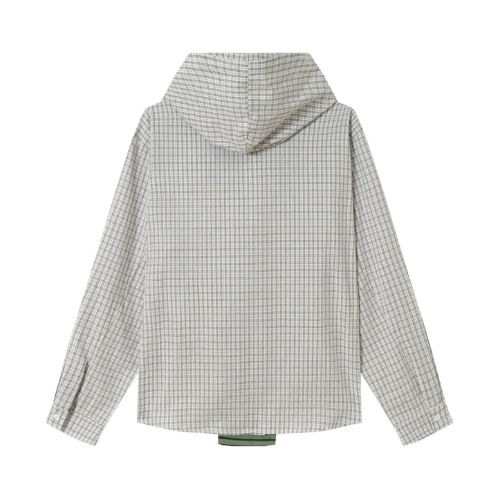 Women's Oversize Shirt Jacket with Hood, Attached Knit Scarf and Chest Patch Mune Fashion