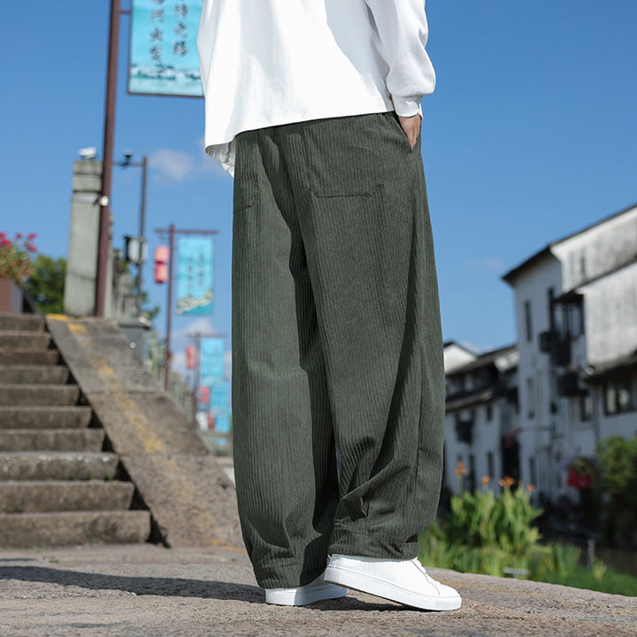 Men's loose-fitting corduroy relax pants with elastic waistband and decorative cord Mune Fashion