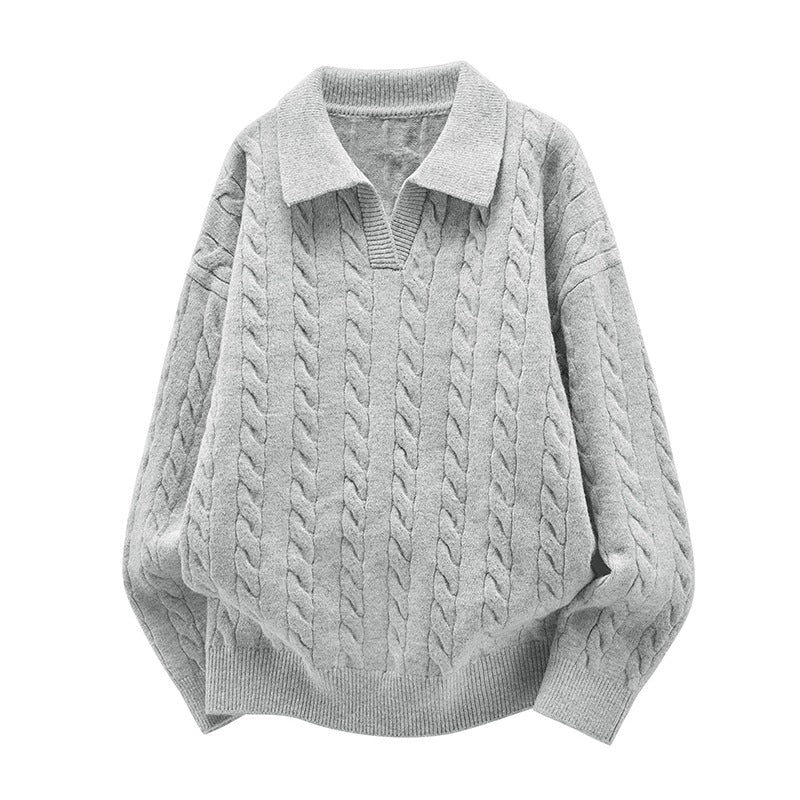 Women's Oversized Cable Knit Polo Sweater with V-Neck and Ribbed Hem Mune Fashion