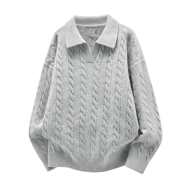Women's Oversized Cable Knit Polo Sweater with V-Neck and Ribbed Hem Mune Fashion