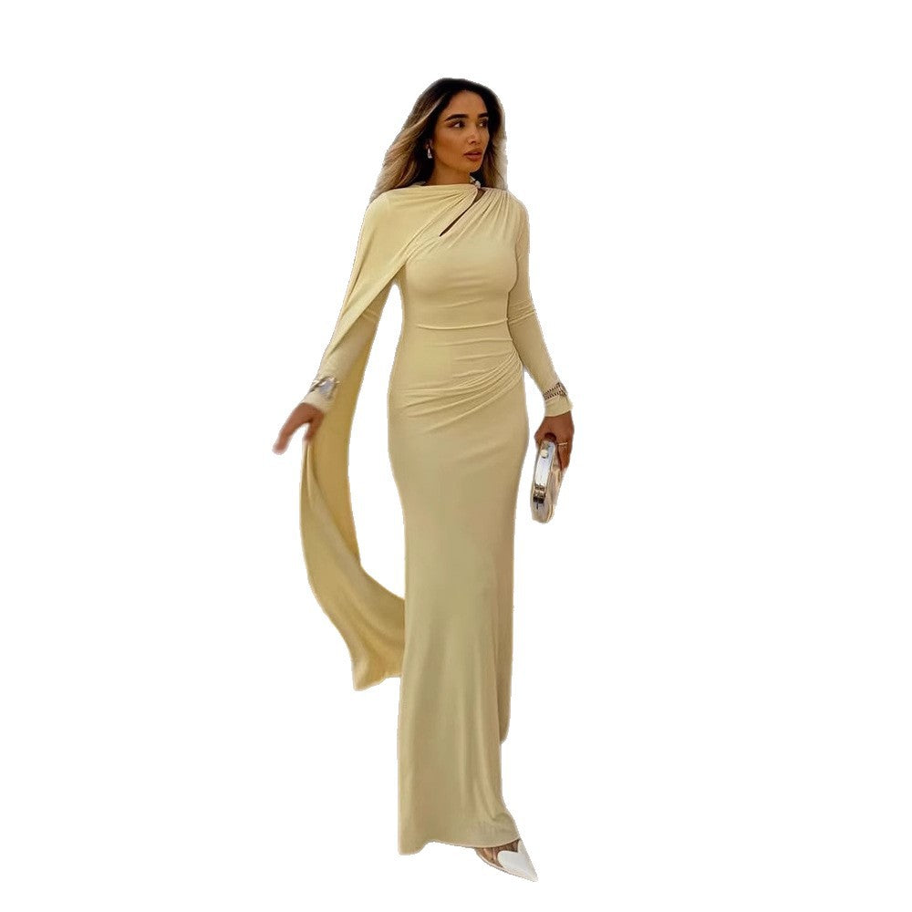 Women's Tailored Maxi Dress with Asymmetric Cape and High Collar Mune Fashion