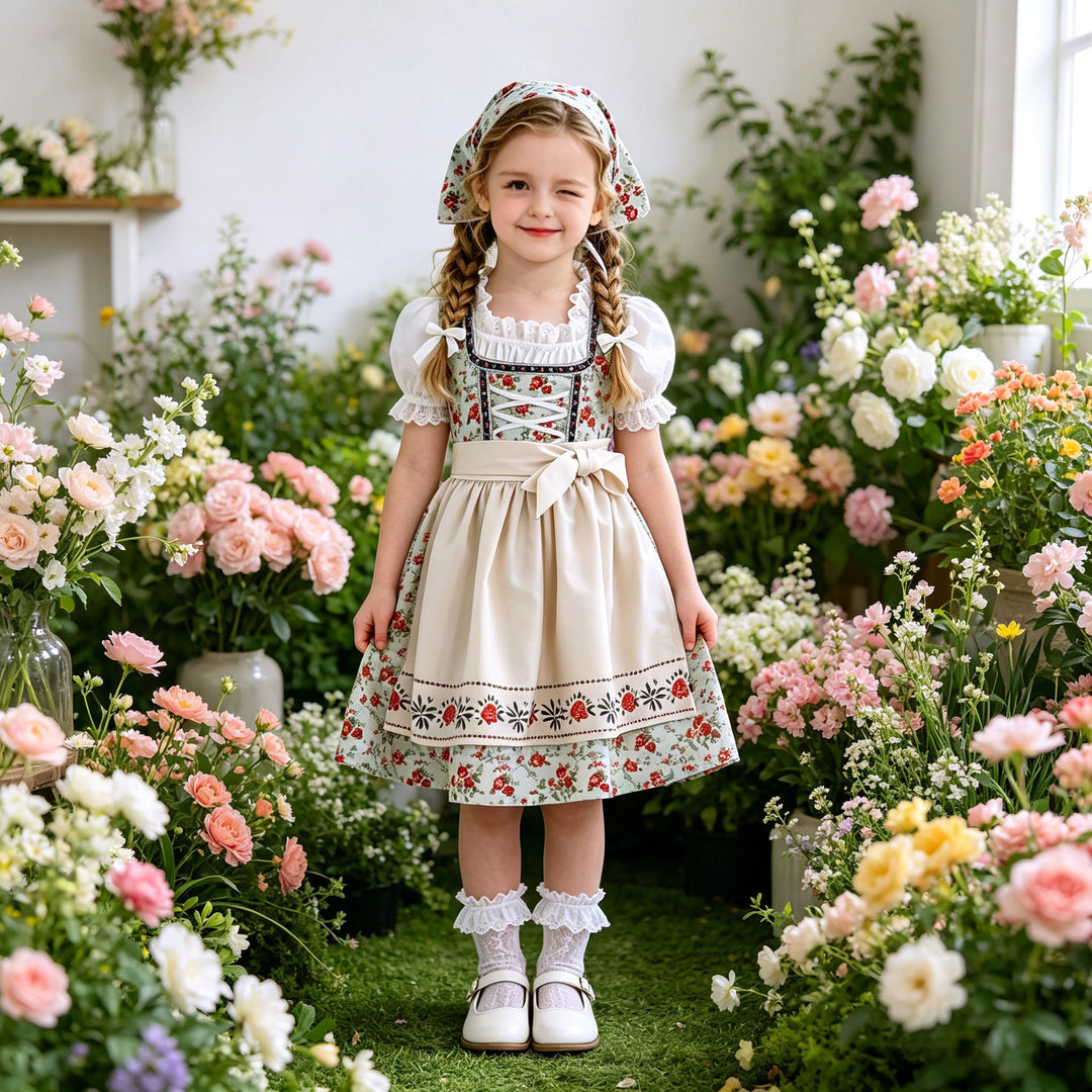 Ladies' and Children's dirndl traditional dress with lace blouse, apron, and headscarf Mune Fashion