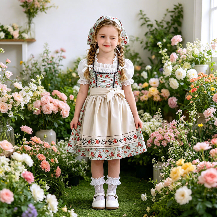 Ladies' and Children's dirndl traditional dress with lace blouse, apron, and headscarf Mune Fashion