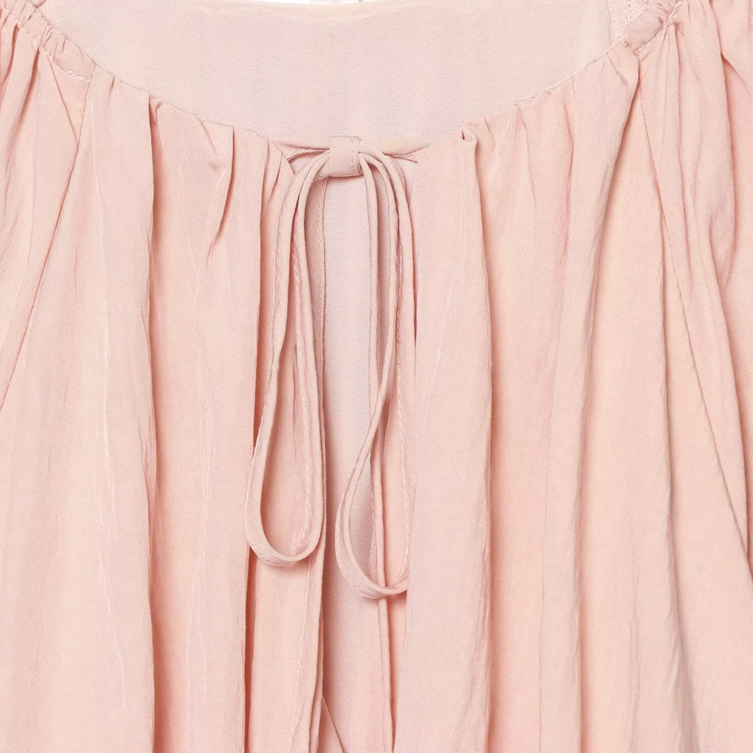 Women's Carmen Cropped Blouse with Drawstring Collar, Ruffled Hem and Balloon Sleeves Mune Fashion