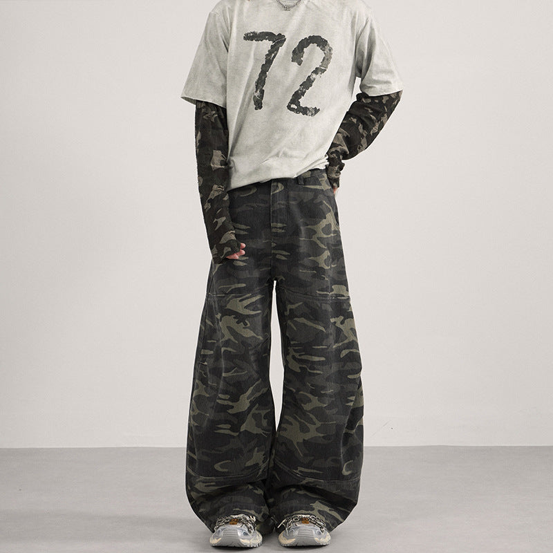 Men's Loose Camouflage Baggy Pants with Low Waistline and Knee Patch Pockets Mune Fashion
