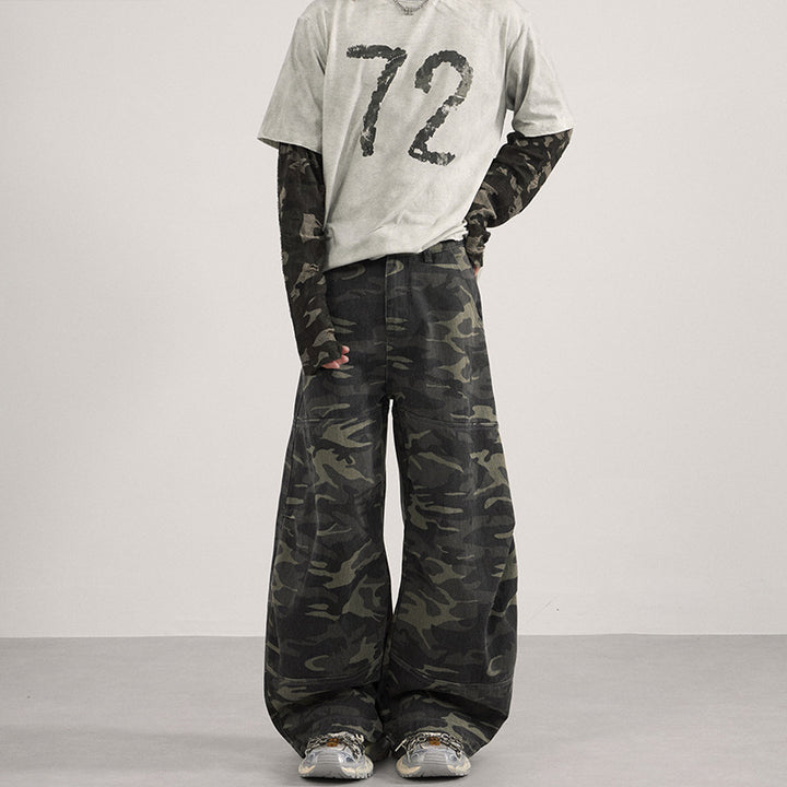 Men's Loose Camouflage Baggy Pants with Low Waistline and Knee Patch Pockets Mune Fashion