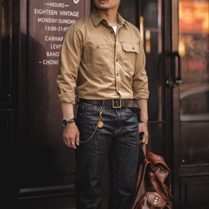 Men's Cotton Twill Worker Shirt with Patch Pockets and Boxy Fit Mune Fashion