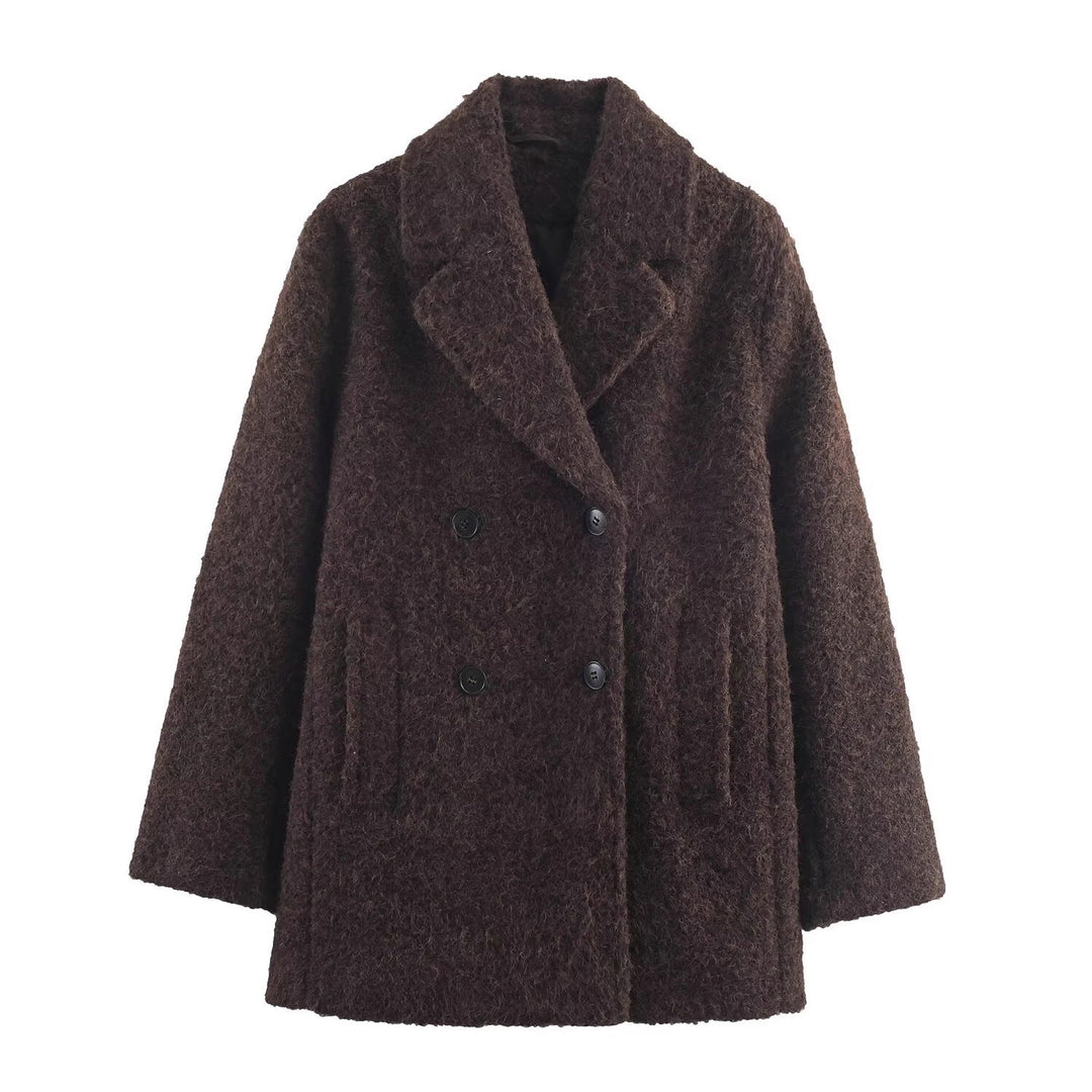 Ladies Double-Breasted Teddy Coat with Shawl Collar and Patch Pockets Mune Fashion