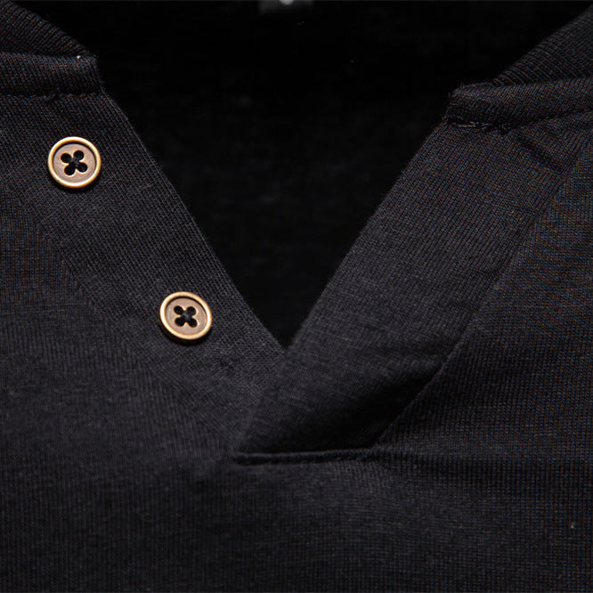 Men's tailored long sleeve shirt in Henley style with short V-neck, decorative buttons, and chest pocket Mune Fashion