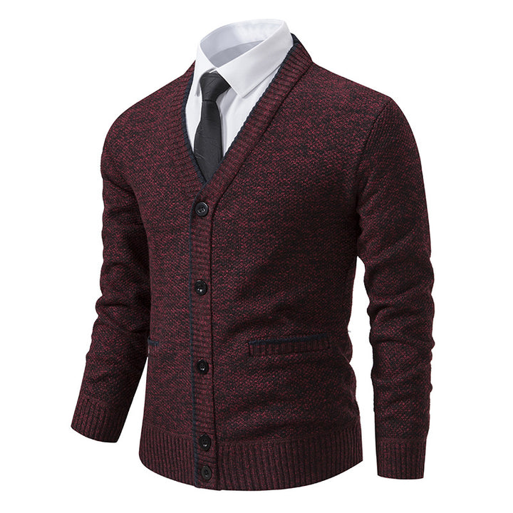Men's knitted cardigan with melange structure, V-neck, contrast edges, and patch pockets Mune Fashion